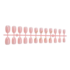 Almond fake nails in pink and orange with white marble effect and gold curved line accents