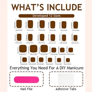 Short square press-on nail kit with 24 pieces in 12 sizes plus nail file and adhesive tabs