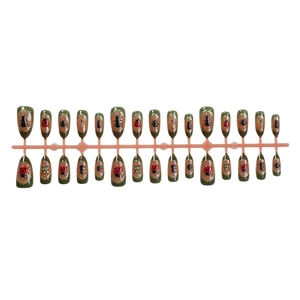 Deep forest green glitter almond press-on nails with vintage insect specimen designs