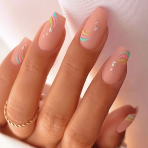 Press On Nails Matte Coffin Irregular Rainbow Wave Lines Rhinestone Removable False Artificial Nails For Women