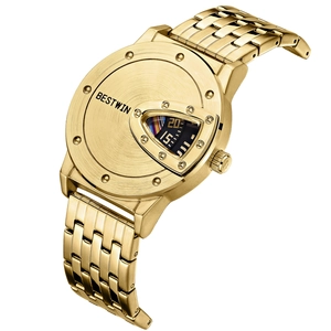 BESTWIN Men Personality Quartz Watch Industrial Style Triangle Dial No Pointer Digital Display Stainless Steel Wristwatch