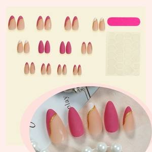 French almond fake nails set with magenta and nude pink matte finish and gold glitter lines