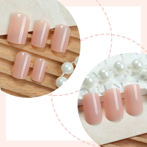 Short square nude pink press-on nails with a glossy translucent jelly finish for women