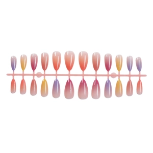 Minimalist gradient almond press-on nails featuring purple orange and yellow color palette