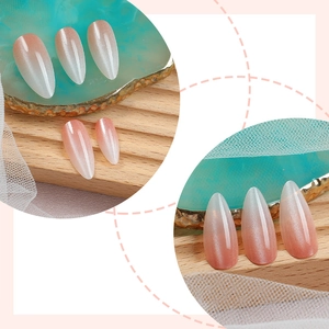 Pink gradient cat eye almond press-on nails with shimmering pearl powder finish
