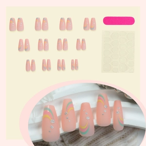 Matte pink ballerina press-on nails with rainbow lines and silver glitter accents set