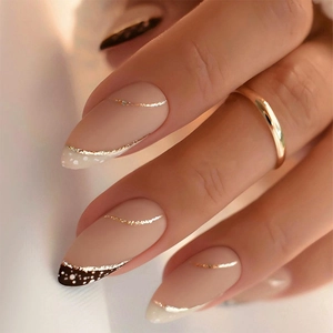 French Almond Press On Nails Nude Pink Black Tips White Polka Dots Gold Glitter Lines Artificial Fake Nails