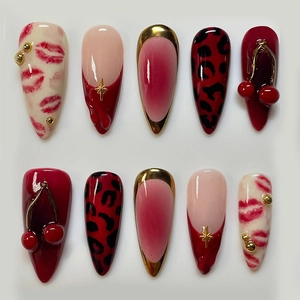 Press On Nails 3D Cherry Leopard Print Long Almond Shape Red French Glossy Fake Nails For Women ABS Resin Luxury Style