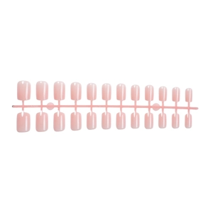 Short square press-on nails in light pink glossy finish, set of 24 pieces on white background