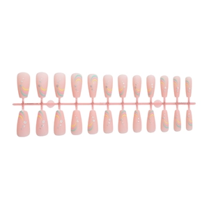 24pcs matte pink press-on nails with macaron swirl lines and silver glitter accents
