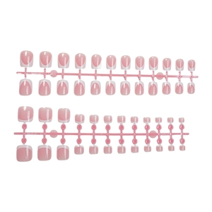 Short square pink and white French press-on nails set with two sizes on plastic stands