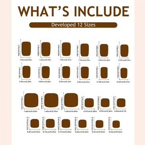 Size chart for 24pcs brown press-on nails set with 12 sizes in cm and inches