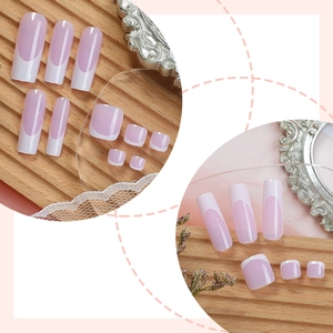 Pink and white French press-on nail set for hands and feet with glossy finish