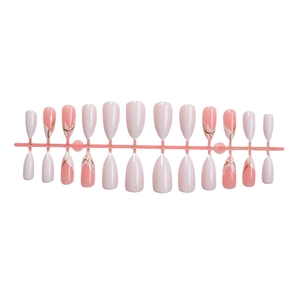 Long almond press-on nails with pink floral patterns and golden outlines, 24 pieces set