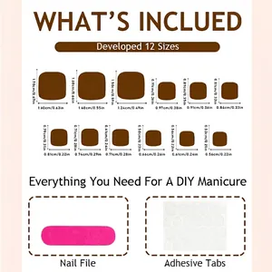 Gradient brown press-on toenails kit with 12 sizes, nail file, and adhesive tabs