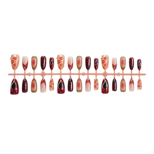 Almond leopard print press-on nails with 3D cherry relief and red lip design