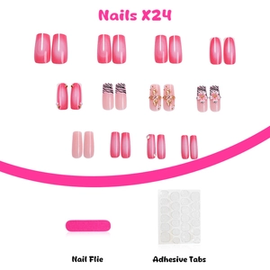 Set of 24 almond press-on nails with 3D floral designs, zebra print, and pink gradients