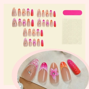 French tip almond fake nails with 3D pink flowers, rhinestones and gradient color kit
