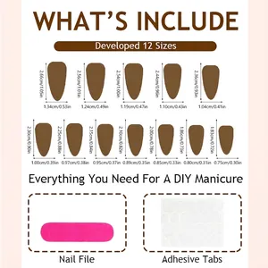 Size chart for almond press-on nails with 12 sizes, nail file, and adhesive tabs