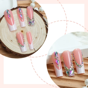 French tip long ballerina press-on nails with luxury rhinestones and gold chain accents