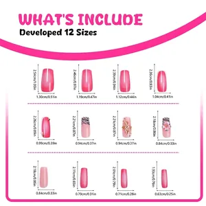Size chart for pink almond press-on nails with 3D flower and leopard pattern designs