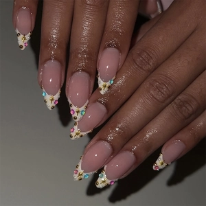 French Tip Press On Nails Long Almond Fake Nails Golden Star Charms Rhinestone Artificial Pearl Pink White False Nails For Women