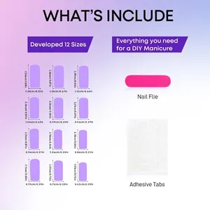 Size chart for sweet purple heart press-on nails including file and adhesive tabs