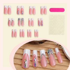 French tip long square press-on nails with colorful rhinestones and pearl accents