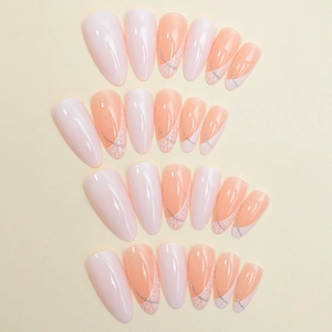Lot de 24 faux ongles amande nude avec lignes pailletées et motifs de feuilles blanches