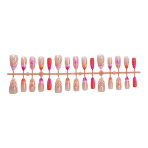 3D pink flower press-on nails with rhinestone accents and gradient French almond design