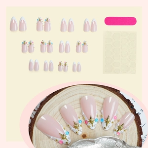French style almond press-on nails with pink glitter stars and pearls set
