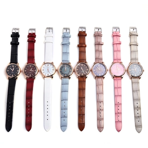 Detailed flat lay of ladies' quartz watches with crocodile pattern leather straps in 8 colors