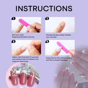 Instruction guide for applying sweet pink heart press-on nails with French tips and tools