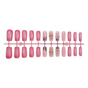 3D floral almond press-on nails with pink gradient and zebra patterns, set of 24 pieces