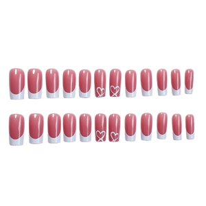 Pink French tip press-on nails with white heart designs in 24-piece long square set