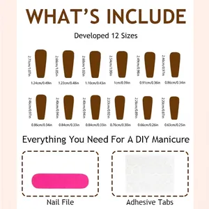 Detailed size chart for green floral press-on nails with tool kit dimensions