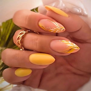 Mandel Aufpressnägel Gelb Rosa Glänzend Grünes Blatt Goldfolie Muster Französischer Stil Für Damen Elegant DIY Maniküre