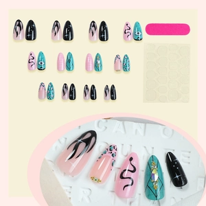 Gothic punk press-on nails set with flame and snake patterns in pink and black