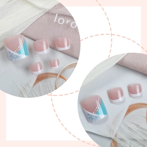Short mint blue and pink French pedicure press-on nails with silver glitter and pearls