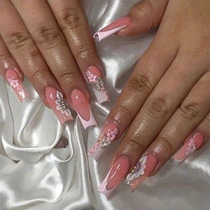 Extra long coffin press-on nails with 3D white flowers, 3D butterflies and crystals