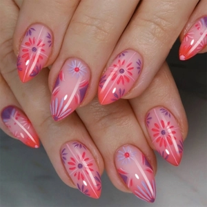 Press On Nails Almond Shape Gradient Pink Blush Floral Painted Design Long Full Cover Manicure DIY Fashion For Women