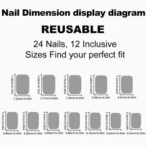 Detailed size chart for 24pcs reusable press-on nails in 12 different dimensions