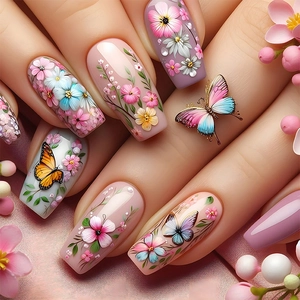 3D butterfly and painted floral ballerina press-on nails in macaron pink and purple