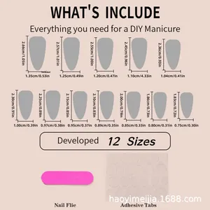 Detailed size chart for press-on nails featuring twelve unique dimensions from size 1 to 12