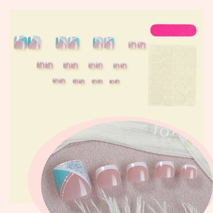 Short mint blue gradient French press-on toenails kit with silver glitter and pink base