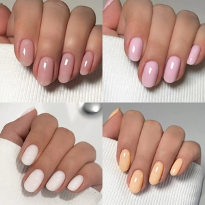 Short Oval Press On Nails Glossy Marble Solid Color French Style False Nails With Adhesive Tabs For Women