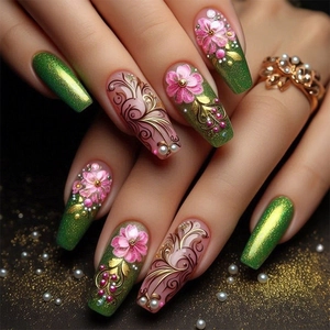 Emerald Green Glitter Press On Nails Pink Floral 3D Flower Artificial Pearl Rhinestone Long Trapezoid French Style Women
