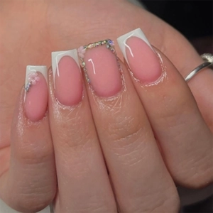 Press On Nails French Tip Rhinestone Nude Pink Medium Long Square Elegant False Nails For Women With Glue And File