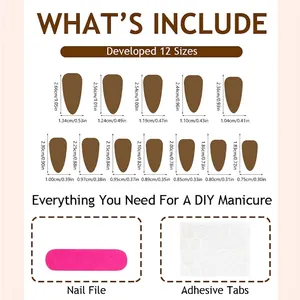 Size chart for 12 sizes of glossy nude almond press-on nails with file and glue sticker