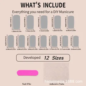 Size chart showing 12 sizes of press-on nails with nail file and adhesive tabs
